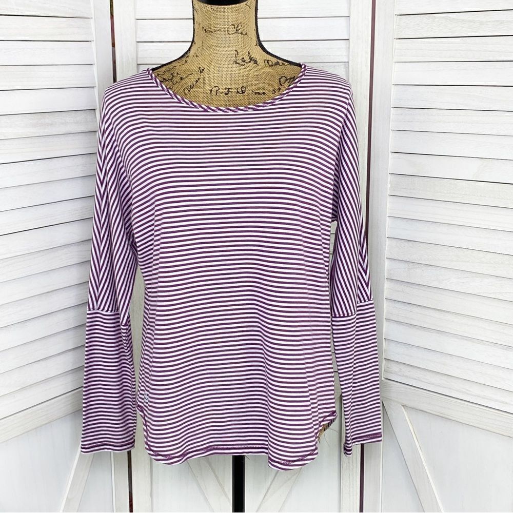 Zelos‎ Striped Keyhole Back Long Sleeve Shirt Purple White Medium Tee